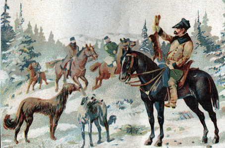 Hare hunting in Russia at the end of the 19th century. Chromolithography of the beginning of the 20th century.