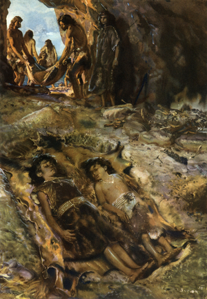 Man of Grimaldi (sepulture child chin) (Homo sapiens fossil) - in “” The Prehistoric Men”” (drawing)