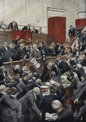 A stormy sitting in the Italian Chamber of Deputies during a budget debate. MP Chiesa suspends the vote by throwing the ballot box. “La Domenica del Corriere”, 12 July 1914.