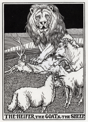 The Heifer, the Goat, and the Sheep, In Company With The Lion -“A Hundred Fables of La Fontaine” , 1899 (engraving)