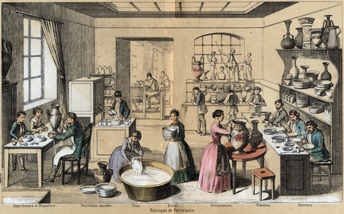 Description of the various stages of manufacture and uses of clay: view of a workshop with activities of repair, browning, gilding, painting, lathe work, molding and email. Plate “” The clay and its products”” in “” Les Recreations instructives”” Synoptic painting by Jules DELBRUCK, engraving from 1860. Private collection.