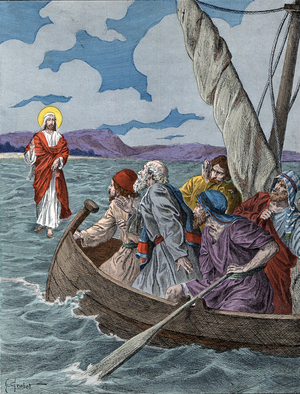 Christ walking on water - "Jesus walking on the waters - "Holy History" circa 1890 - color byHenri Grobet