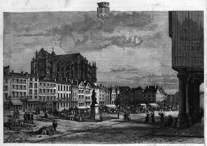 View of the city of Beauvais in the Oise. Engraving from 1880 in “La republique illustree”” private collection.