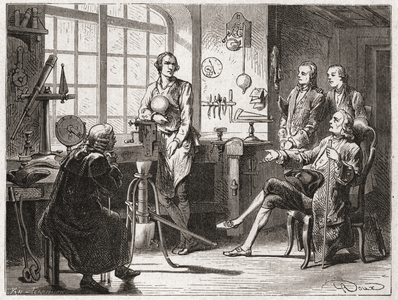 James Watt (inventor of the steam machine in 1769) in his Glascow shop - in “” Album of Science; illustrious scientists; Great discoveries””” 1896.