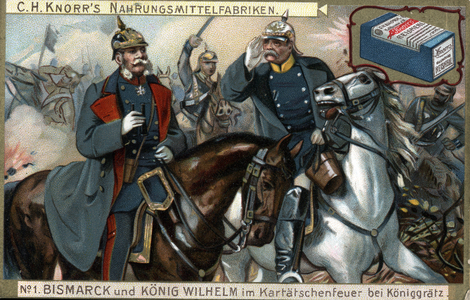 The Battle of Sadowa and King William I of Prussia had the head of his army. Chromolithography, late 19th century.
