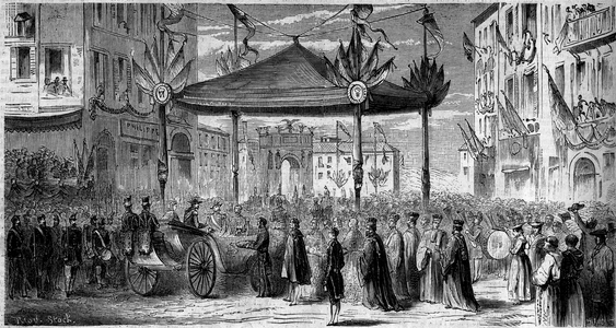 Annexation of the city of Nice to France, 1860: Emperor Napoleon III (1808-1873) and Impress Eugenie (1826-1920) receiving the keys of the city of Nice on Place Napoleon. Nice, Alpes Maritimes (06), September 1860. Engraving in “” Le Monde Illustré”” n°180 of 22 September 1860.