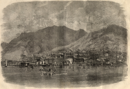 View of Victoria City in Hong Kong. Engraving In “” The Illustrated London News”” of March 14, 1857.