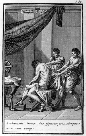 Archimedes traces geometric figures on his body.
