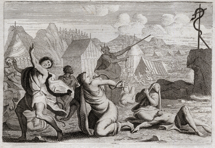 Bible of Royaumont, Old Testament: Brasen Snake. The people murmuting against God and against Moses, are punished by serpents of fire; from which they were wounded by a serpent of brazen, which Moses had raised to be seen from all the people. Illustration from 1811.