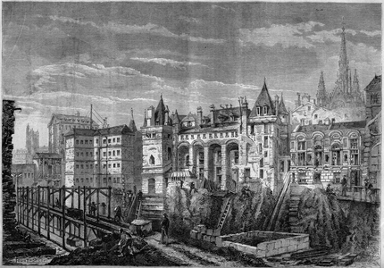 Architecture: view of the western facade of the former palace of the kings of France on the Ile de la Cite, in Paris, 1858. Facade updated during the demolition of the Palace of Justice. Engraving by Felix Thorigny in “” Le Monde Illustré”” n°76 of 25 September 1858.