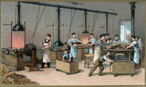Chocolate making. Cocoa Torrefaction Room. Chromolithography of the late 19th century