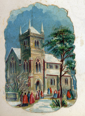 Parishioners going to a church for Sunday Mass. Chromolithography around 1890.