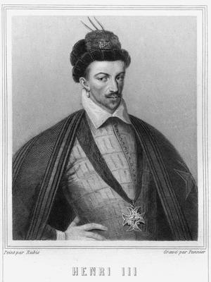 Portrait of Henry III (1551 - 1589), King of France - in “Histoire des Français”” by Lavallée, engraving, sd., 19th century.