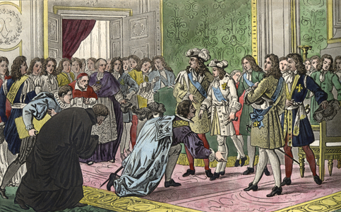 Louis XIV, surrounded by his family and the most important figures of the Court, presents his grandson Philip V to the envoys of Spain as their new king in 1700. -