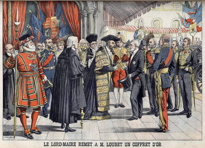 London, Great Britain. Sir Marcus Samuel presents President Emile Loubet with a gold box after the reception at the Guildhall. Le petit Journal, July 1903 (print)