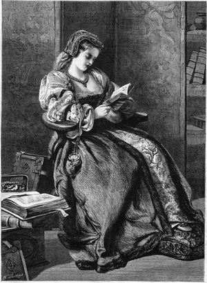 Portrait of Lady Jeanne Grey (Jane Grey, 1537-1554), little niece of King Henry VIII who returned to England for nine days. Engraving after the painting by Leonard Francis Wyburd (1865-1960). Engraving in “” L'univers Illustrée””, 1867. Private collection.