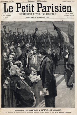 Ceremony in honor of the scientist Louis Pasteur (1822-1895) at the Sorbonne to celebrate his birthday. One of the newspaper " Le Petit Parisien”” on 08/01/1893 (engraving)