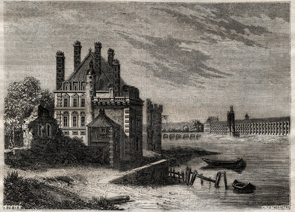 The hotel of Nevers, the Tower of Nesle and the Louvre seen from the Pont-Neuf - Engraving in “” Physical, civil and moral history of Paris: from the earliest historical times to the present day”” by Jacques Antoine Dulaure, 1853