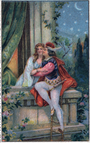 Scene from Shakespeare's "Romeo and Juliet", Act 3, scene 5 : the lovers on the balcony, c.1909 (chromo)
