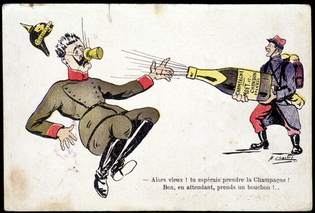 Humorous drawing on the war: a French soldier holding a bottle of champagne "Moet et Chandon" to William II, early 20th century (print)