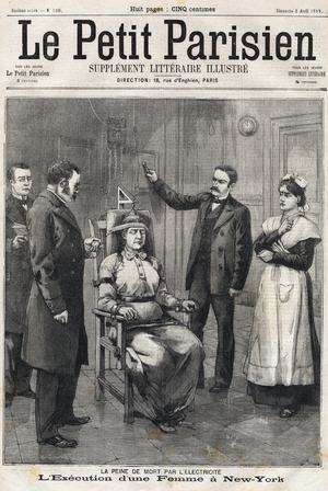 Death penalty by electrocution, Execution of a woman by electric chair, in New York, USA. Engraving. Frontpage of English newspaper Le Petit Parisien. April 2nd, 1899. Private Collection - The death penalty by electricite: execution of a woman in New York (New York) in the United States on the electric chair. Engraving. In “” Le Petit Parisien””, on 2/04/1899. Private collection.
