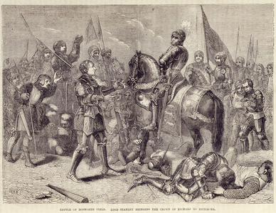 Battle of Bosworth field. Lord Stanley bringing the crown of Richard III to Richmond (1485): end of the War of the Two Roses - in “” Cassell's illustrated history of England”, vol. II, by William Howitt, 1857.