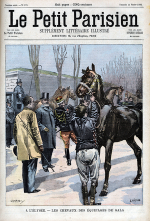 Preparations for the gala of the 1900 World Exhibition in Paris: President Emile Loubet examining twelve pairs of horses - in "Le Petit Parisien", 1900.