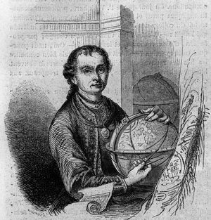 Portrait of Pierre (Peter) Anich (1723-1766), Tyrolean astronomer and carthographer, holding a globe and a compas. Engraving in “” Le Magasin picturesque””, 1852.