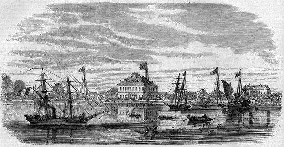 View of the city of Shan Hai (Shanghai-Hai, Shanghai), China, 1858. Engraving in “” Le Monde Illustré”” n°67 of July 24, 1858.