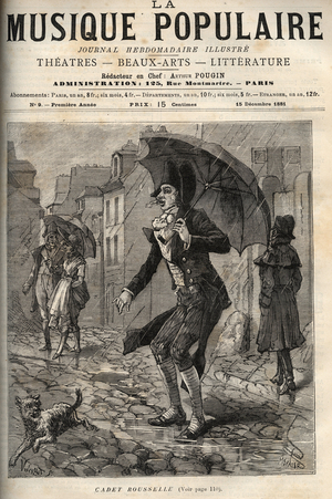 Guillaume Joseph Rousselle (Roussel), dit Cadet Rousselle (1743-1807), French bailiff, under the rain in a rue de Paris. engraving in “La musique populaire”” Illustrée weekly newspaper - 1881