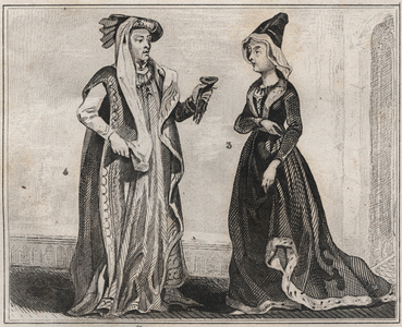 Marie d'Anjou, Queen of France (1404-1463) and Philip III the Good, Duke of Burgundy (1396 - 1467) - engraving of 1859 in “” Le Monde. History of all peoples from the most remote times to the present day”. by M. E. de Lostalot-Bachoue. Private collection.