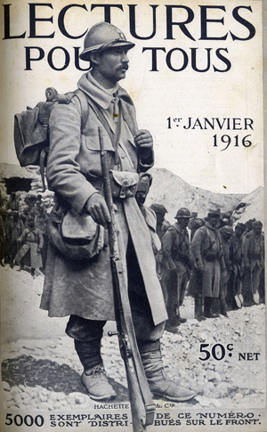 First World War: portrait of a French soldier with a rifle. One of the newspaper “Lectures pour tous”” of January 1, 1916.