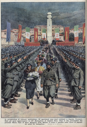 Wedding ceremony of members of black shirts (camicie nere) in Caprino veronese en Venetie Illustration d'Achilles Beltrame de "La domenica del corriere"” of 10/10/1937.