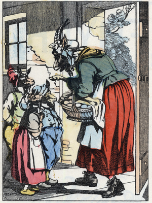 The mother goat leaves for the walk and warns her biquets. Illustration of the tale “Compere le Loup, Maitre Renard, Comere la Chevre et ses petits biquets”” after a fable by Jean de la Fontaine. In “” Tales from the home for the little ones””. Anonymous engraving of the 19th century.
