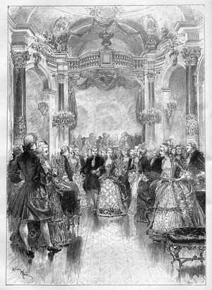Theatre: “” Manon””, comic opera by Henri (Henry) Meilhac (1831-1897) and Philippe Gille (1831-1901) on a music by Jules Massenet (1842-1912) represented at the Opera Comique. Engraving in “” Le Monde Illustré””, 1884. Private Collection