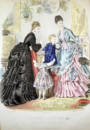 2 women and 2 children: Fashion - in “” Album de la Mode illustrée", 1874