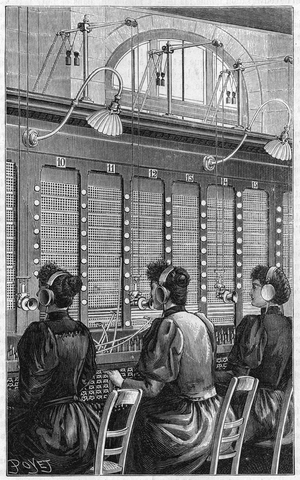 Telephone office (central telephonique - standard telephonique) of rue Gutenberg in Paris in 1895. Multiple table section of 240 subscribers served by 3 telephonists.