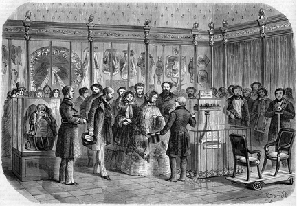 Visit of Sophie de Württemberg (1818-1879), Queen of Holland, to Paris, 1858: visit to the Musee des Souverains, dedicated to the sovereigns of France, settled in the Louvre. Engraving in “” Le Monde Illustré”” n°58 of 22 May 1858.