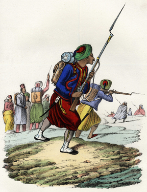 Battalion of Zouaves of the French army of Africa, composed of natives and formed by General Clausel in 1830 for the expedition of the Atlas to Algeria. In “” Storia d'Algeri””, Leone Galibert, vol. 2, 1847.