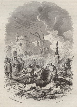 Baldwin V, Count of Flanders (1012-1067) re-establishing the police in its states - Engraving 1868 in “History of Belgium from primitive times to the end of the regne of Leopold I” by Theodore Juste (1818-1888) - Private collection