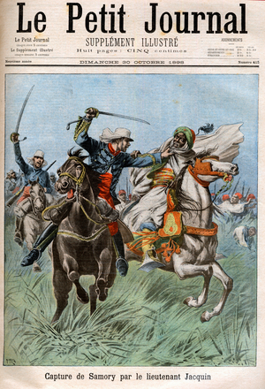 Capture of Samory Toure (circa 1830-1900), Sudanese leader and opponent of French colonization in Africa, by Captain Gouraud and Lieutenant Jacquin. Sudan, 1898 - in ” Le Petit Journal” october 30, 1898 (engraving)