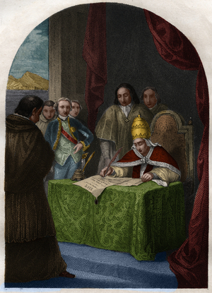 Clement XIV (Clemente or Clemens) (1705-1774) abolishing the Jesuites Society on 21 July 1773. Engraving from 1842 in “Histoire des popes: crimes, murders, poisonings, parricides, adulteres, incest... by Maurice Lachatre. Private collection.