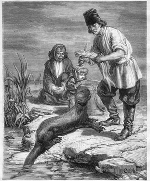 Voyage of Alphonse Louis Pinart in North America and Alaska - hunting and fishing in Alaska - engraving in “Journal des Voyages”” of 1884