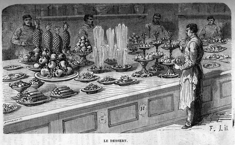 Cuisines of the Palais des Tuileries: Preparation of desserts during a reception under the Second Empire. Engraving by Barbant, 1864.