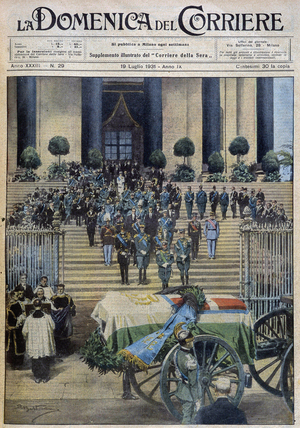 The blessing of the mortal remains of the Duke of Aosta in Turin, after the funeral procession crossed the whole city -  in "la Domenica del Corriere" of 19/07/1931