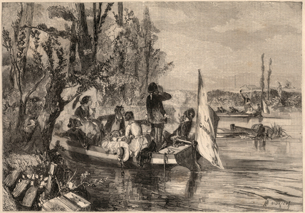 Around Paris in 1857. The canoeists in Asnieres. Engraving in “Le Monde illustrious”” from 1857. Private collection.