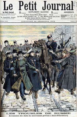 The minister of the interior of Russia, Dournovo, arresting the main leaders of the Grevist movement, including Krustalew, chairman of the workers' committee. Cover of “Le Petit Journal”, 24/12/1905 (engraving)