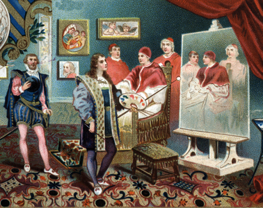 Raphael (Raffaello Sanzio) working on the portrait of Pope Leon X (leone 10) surrounds Cardinals Jules de Medicis (Giulio) (Pope Clement VII, 1478-1534) and De Rossi. Chromolithography of the late 19th century.