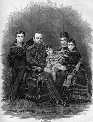 Portrait of the Russian Imperial Family in 1881: Tsar Alexander III (1845-1894) and Mary Feodorovna (or Fiodorovna, or Fedorovna) (Mary Sophie Dagmar, 1847-1928) with their children, Nicholas (future Nicholas II, 1868-1918), George (1871-1899) and Xenia (1875-1960) or Mikhail (1878-1918). Engraving by Bocour In “” The Illustrous World”” n°1252 of 26 March 1881.