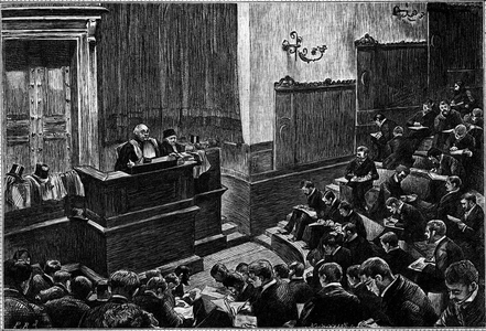 Le grand amphiteatre de l'Ecole de droit de Paris, Engraving in “Le journal de” La jeunesse”, 1888.